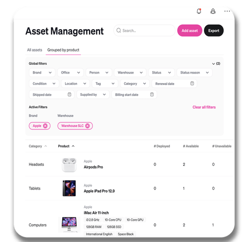 Firstbase asset management dashboard filtered to Apple devices