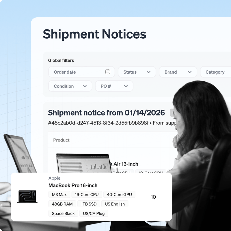 Firstbase shipment notices dashboard showing global filters, purchase orders and device specifications