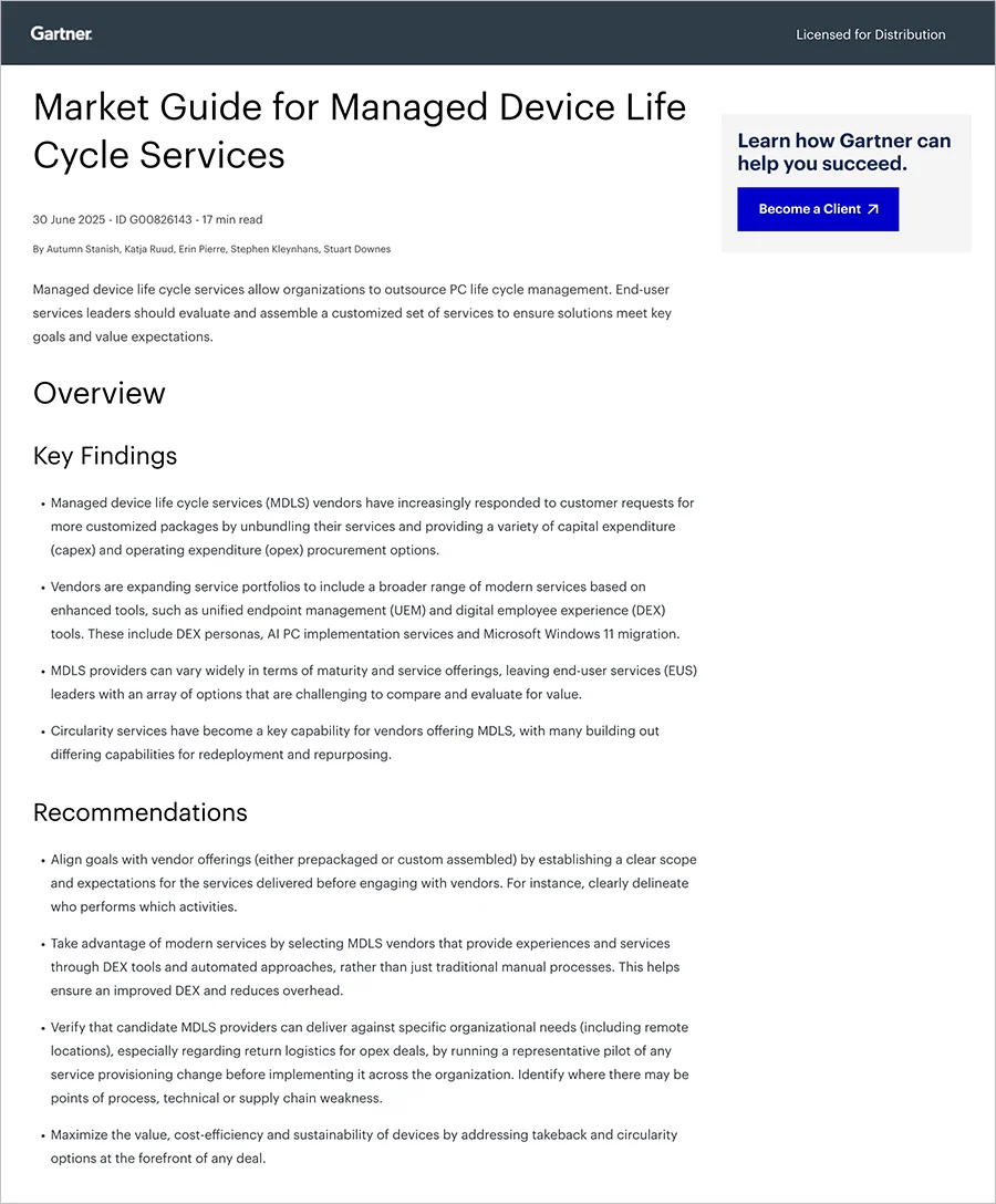 Gartner Market Guide for Managed Device Life Cycle Services 2025 report cover