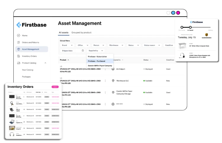 Firstbase asset management dashboard showing all assets, inventory orders and delivery tracking