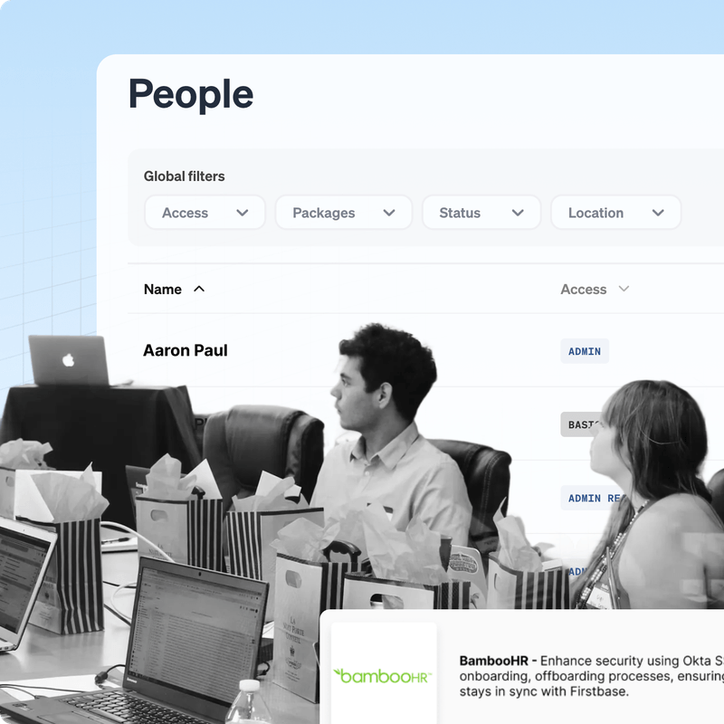 Firstbase People directory showing employee device access, packages, status and BambooHR sync