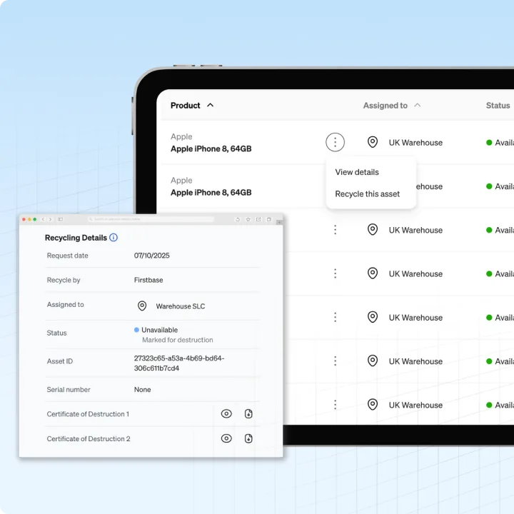 Firstbase IT asset recovery dashboard showing device tracking and retrieval status