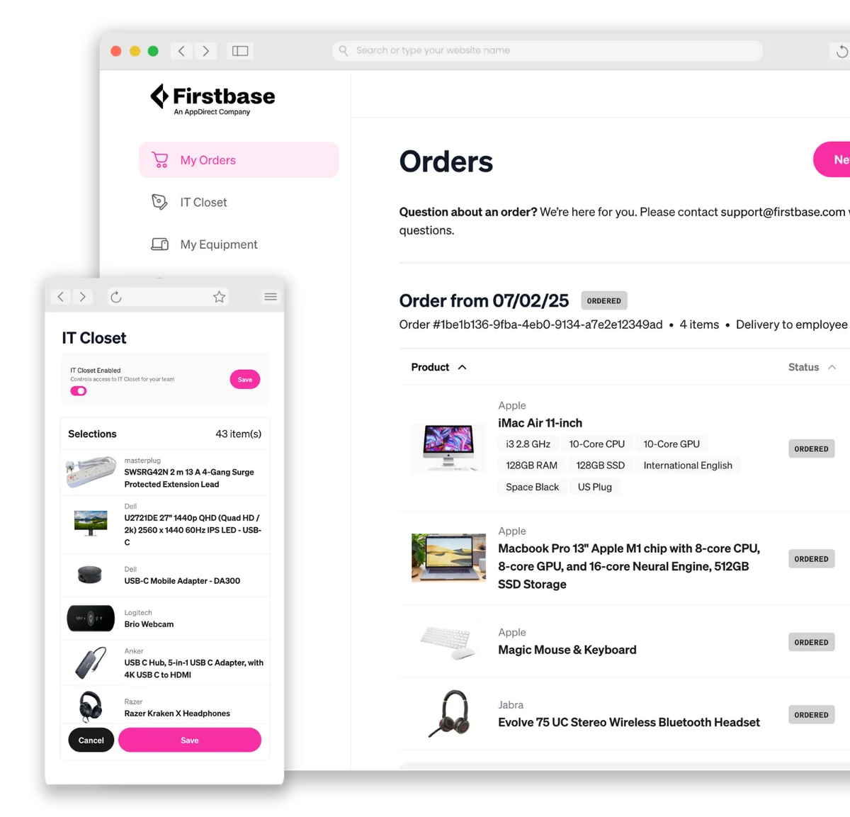 Firstbase IT self-service portal showing employee equipment catalog and order status